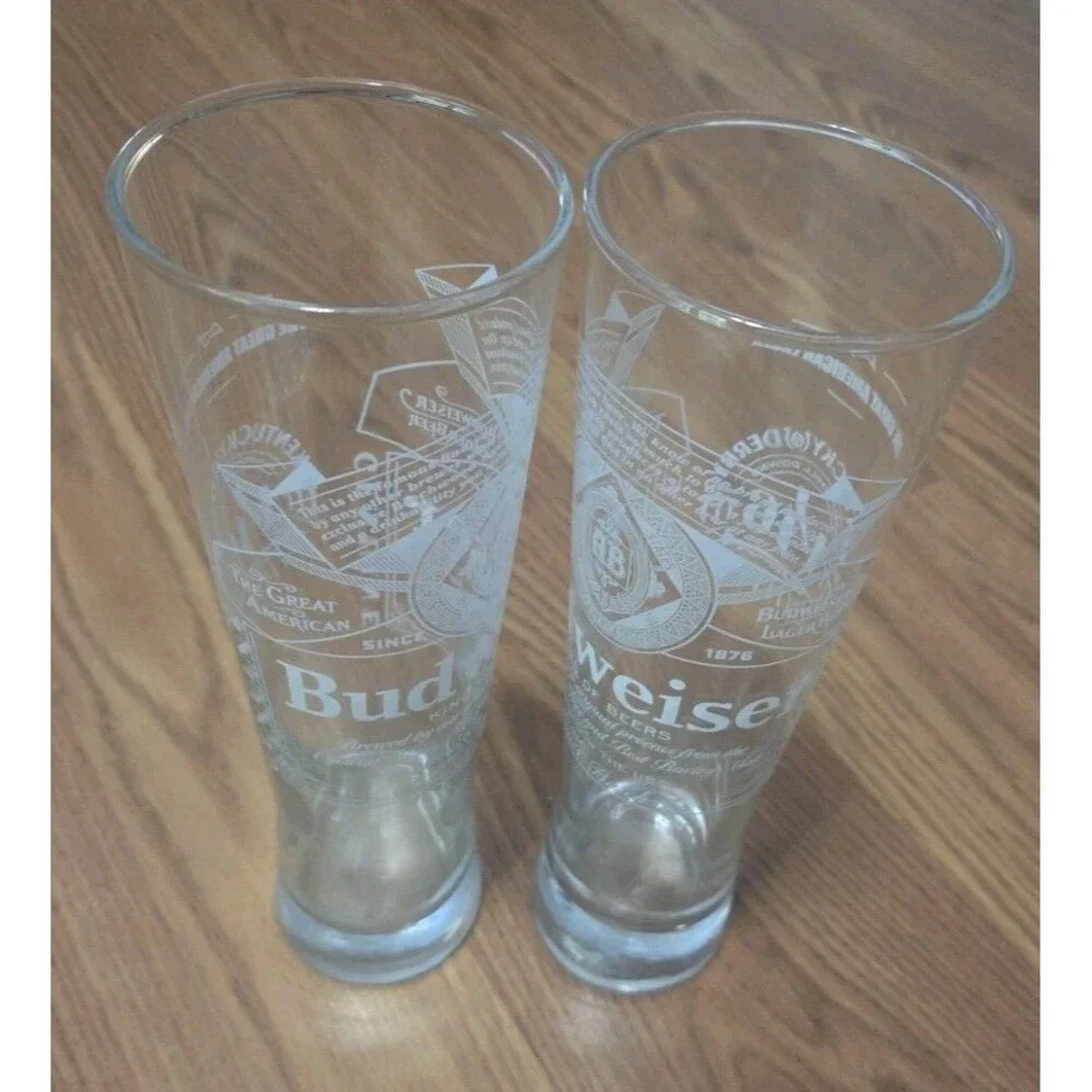 Set of 2 Budweiser King of Beers Etched Pilsner Beer Glasses Anheuser Busch 16oz